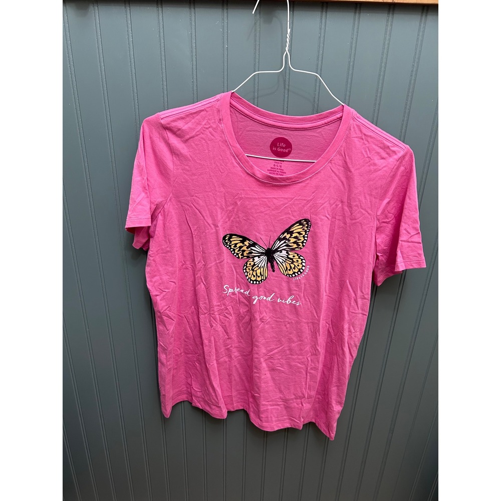 Life is Good Womens Pink Butterfly Spread Good Vibes Graphic Tee Shirt Large
